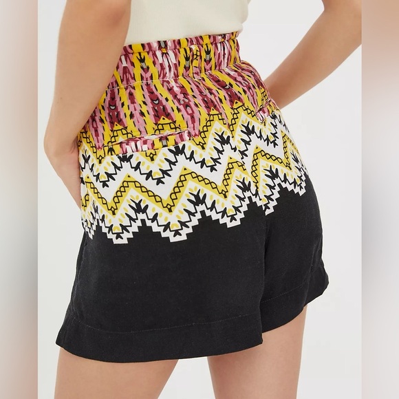 Anthropologie Laverna Print Black Multicolor Linen Blend Paperbag Shorts Medium - Picture 9 of 10